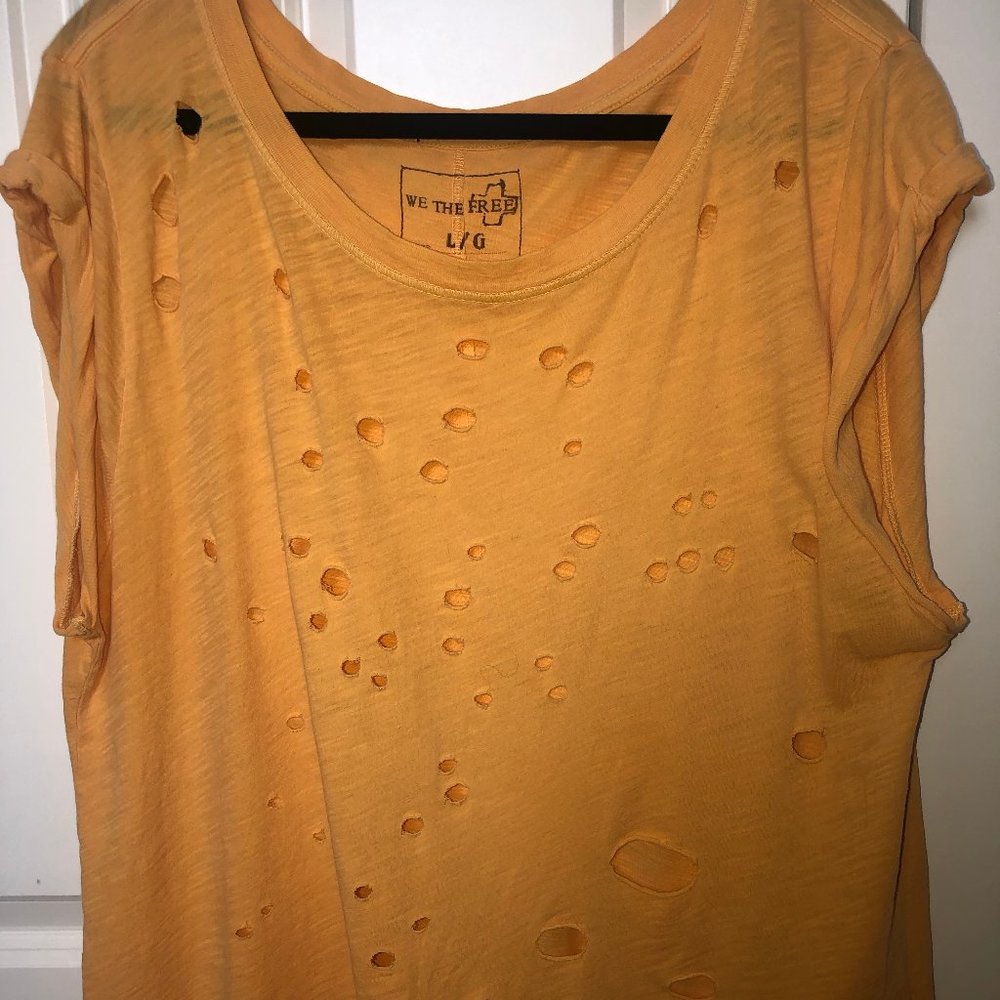 Free People Short-sleeve Yellow Ripped Holes